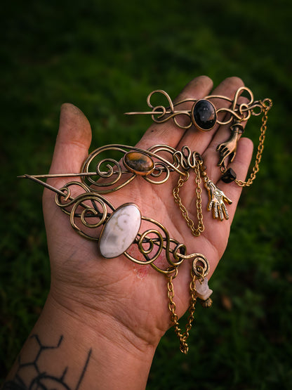 Barrette broche obsidienne neige